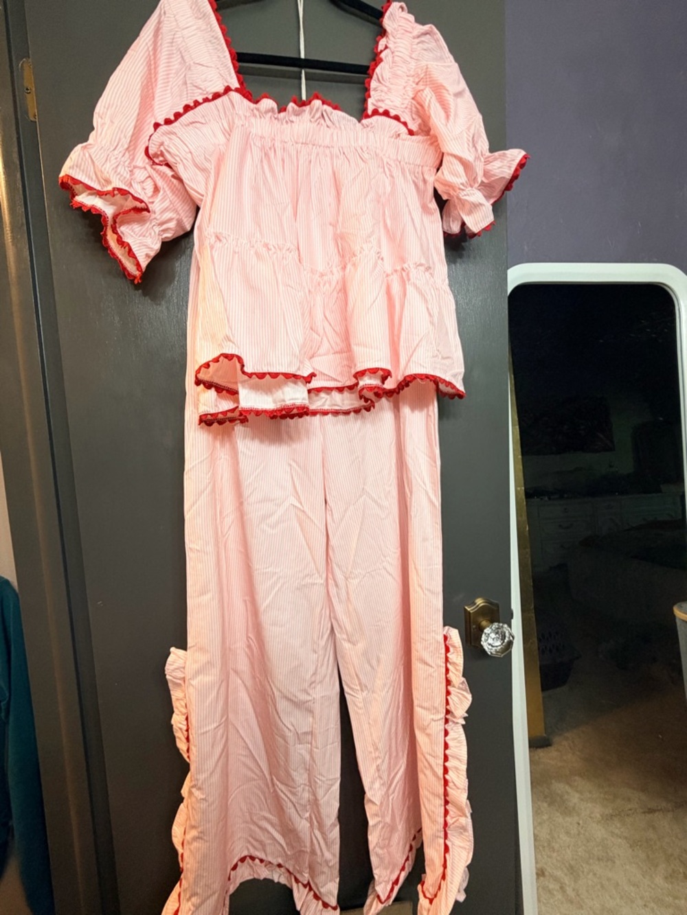 Pink Ruffle Two-Piece Pajama Set with Red Trim